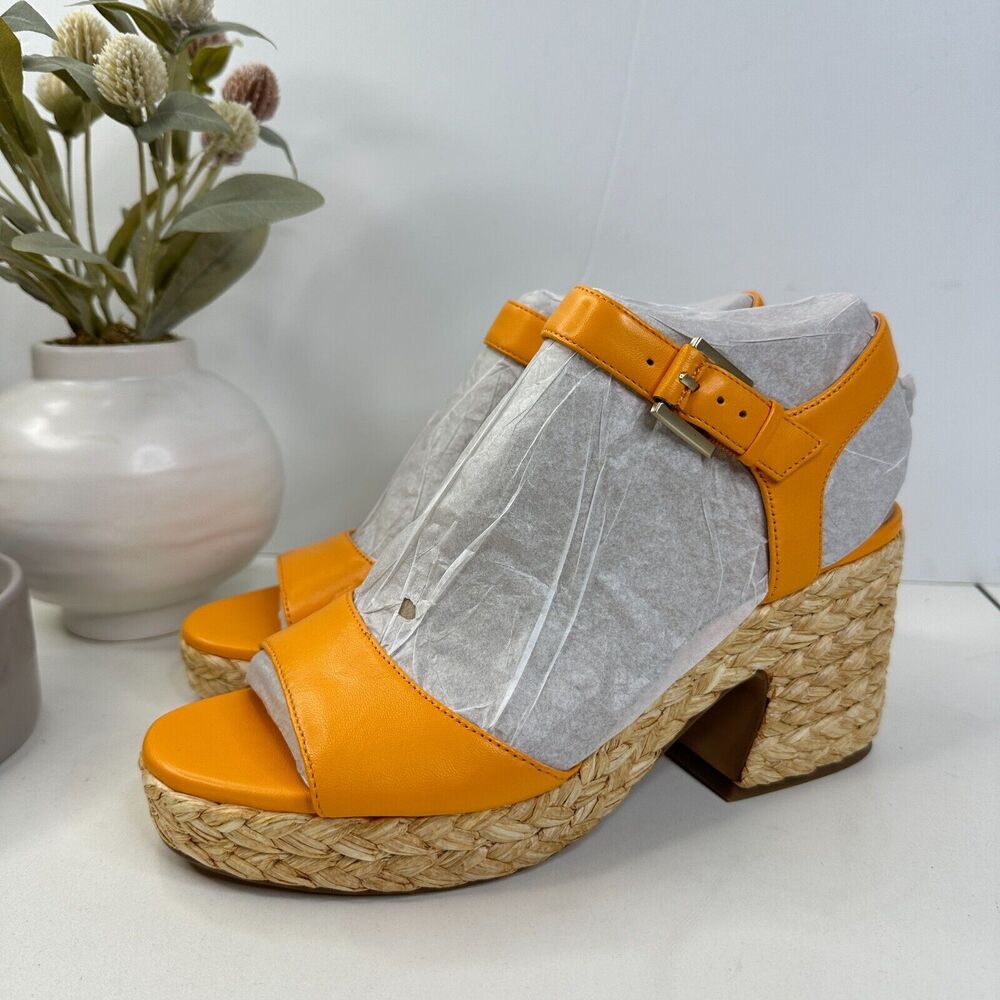 Vince Camuto Ranneli Leather Raffia Block Heel Espadrille Orange Women's 8M NWOB